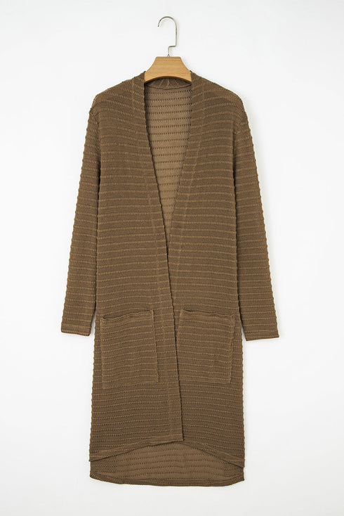 Camel Double Patch Pocket Striped Texture Knit Open Front Duster Cardigan