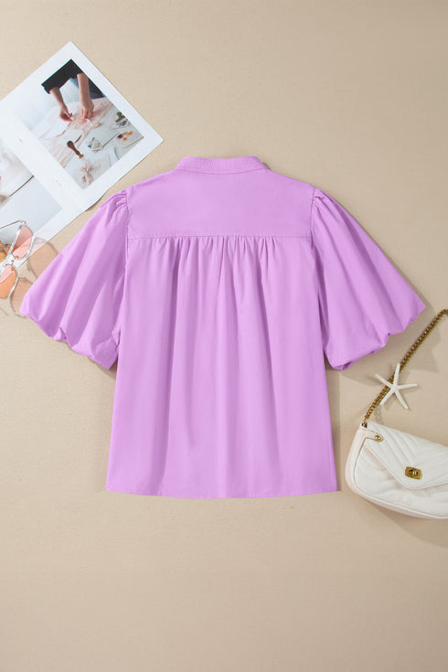 Phalaenopsis Stitched Detail V Neck Puffy Half Sleeve Blouse