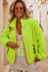 Pear Green Fuzzy Contrast Trim Full Zip Sherpa Jacket with Pockets