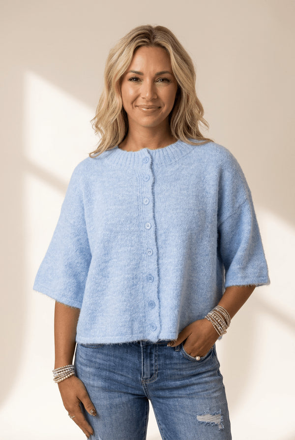 Women's Beau Blue 3/4 Sleeve Boxy Knit Cardigan