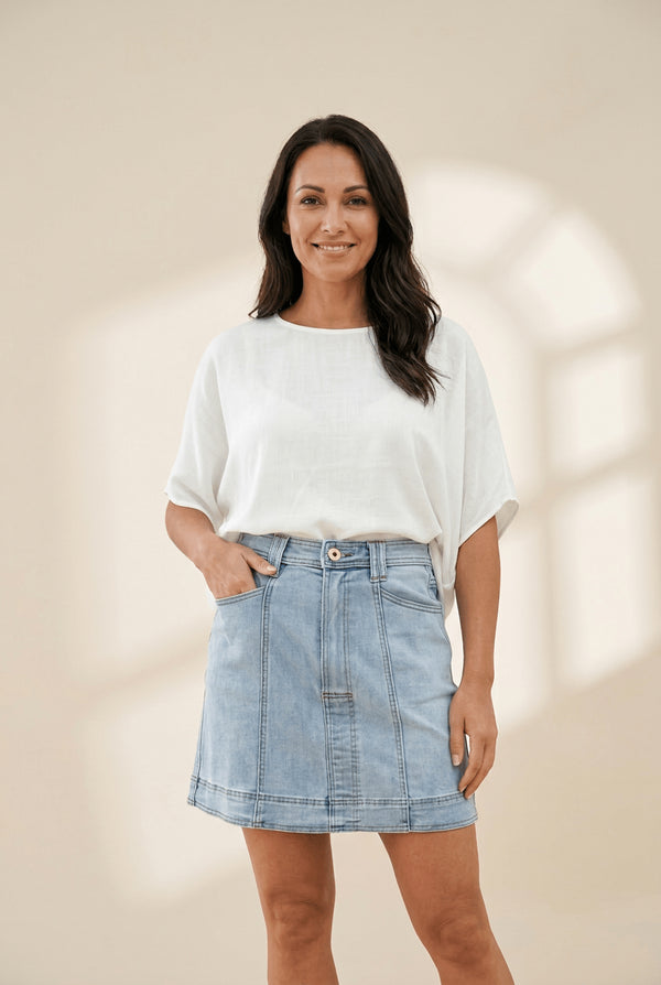 Women's Beau Blue A-Line Denim Mini Skirt with Exposed Seam Detailing