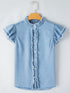 Beau Blue Denim Ruffle Flutter Sleeve Button-Up Top