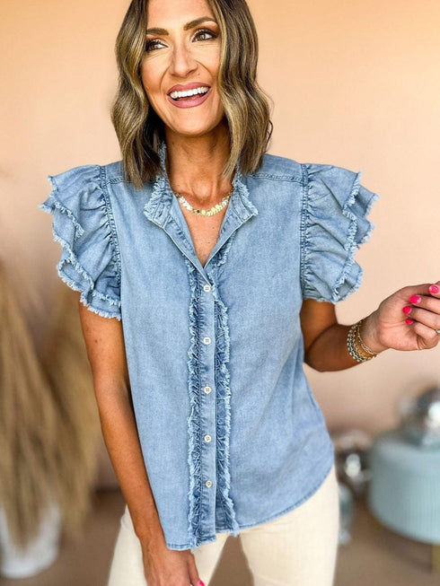 Beau Blue Denim Ruffle Flutter Sleeve Button-Up Top