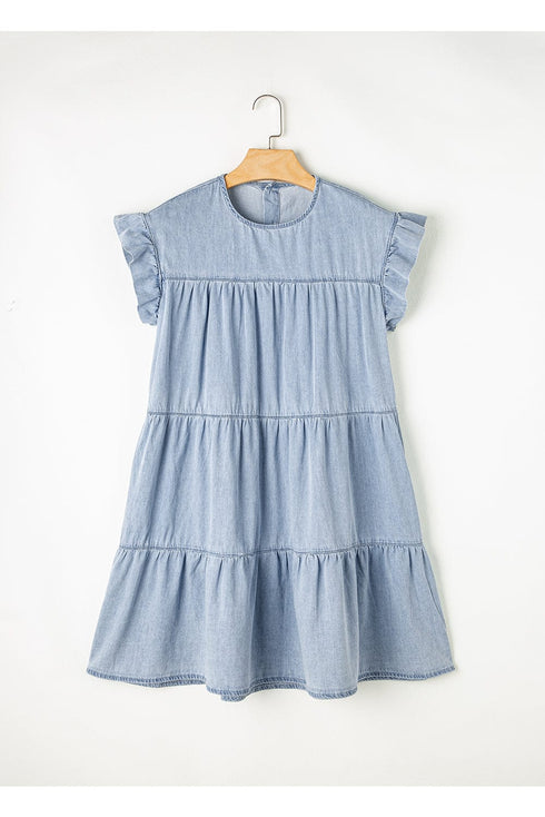 Beau Blue Denim Tiered A-line Dress with Ruffle Details