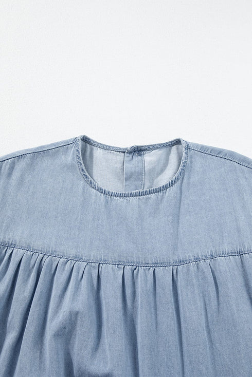 Beau Blue Denim Tiered A-line Dress with Ruffle Details