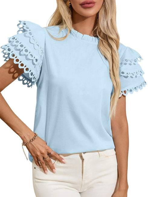 Beau Blue Elegant Cap Sleeve Blouse with Ric Rac Detail