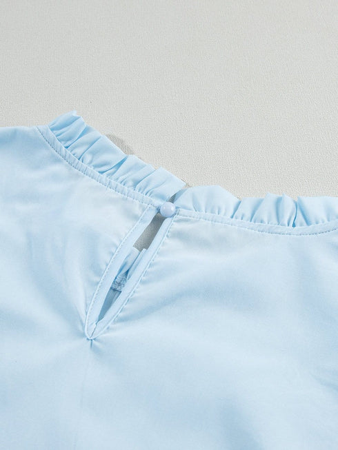 Beau Blue Elegant Cap Sleeve Blouse with Ric Rac Detail