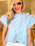 Beau Blue Elegant Cap Sleeve Blouse with Ric Rac Detail