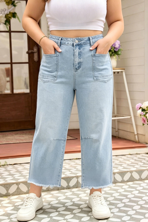 Beau Blue Plus Size Women's Raw Cut Shift Jeans with Seam Details & Patch Pockets for Chic, Effortless Style