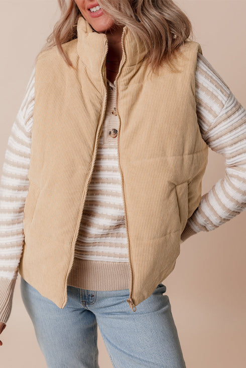 Light French Beige Corduroy Stand Neck Zipped Puffer Vest