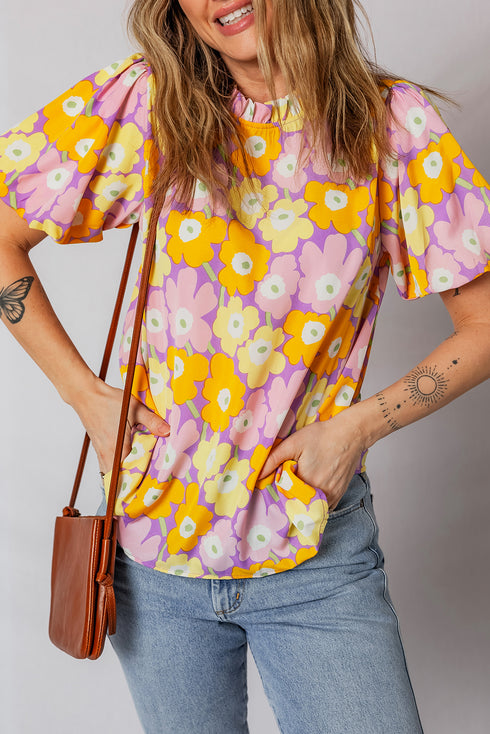Purple Frilled Neck Puff Short Sleeve Flower Top