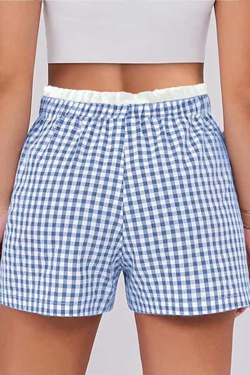 Sky Blue Contrast Trim Plaid Print Plus Size Shorts