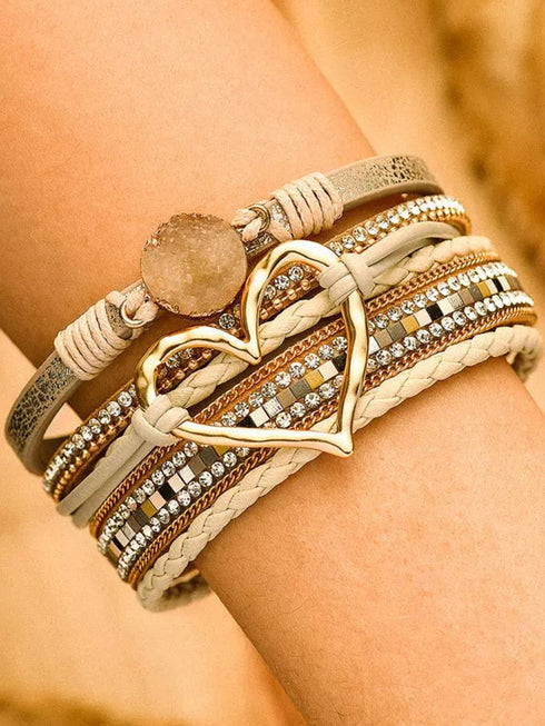 Beige Bohemian Heart Rhinestone Magnetic Buckle Bracelet