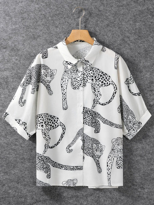 Beige Leopard Print Button-Up Half Sleeve Blouse