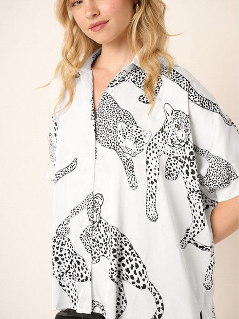 Beige Leopard Print Button-Up Half Sleeve Blouse