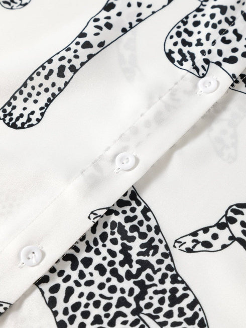 Beige Leopard Print Button-Up Half Sleeve Blouse