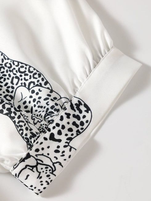 Beige Leopard Print Button-Up Half Sleeve Blouse