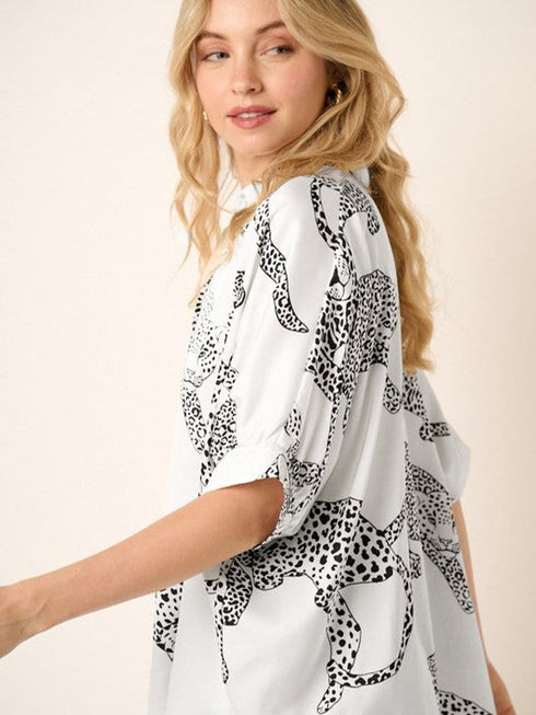 Beige Leopard Print Button-Up Half Sleeve Blouse