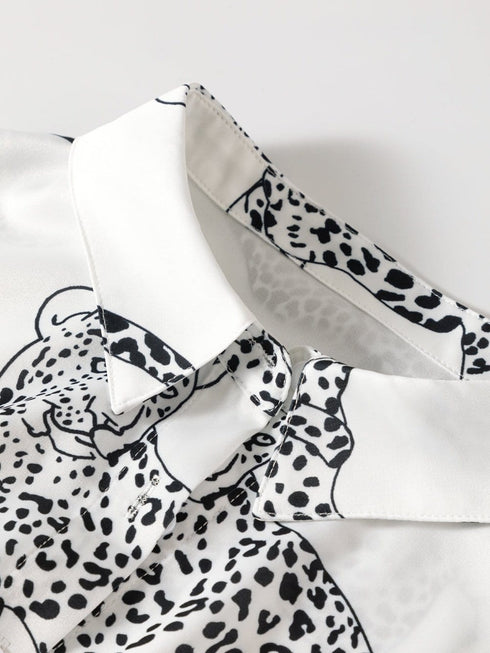 Beige Leopard Print Button-Up Half Sleeve Blouse