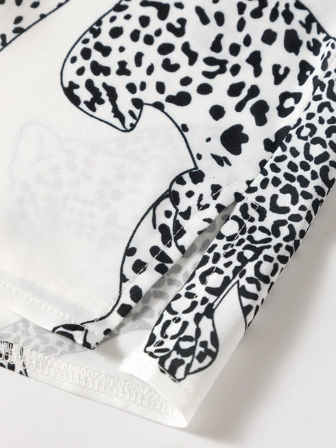 Beige Leopard Print Button-Up Half Sleeve Blouse