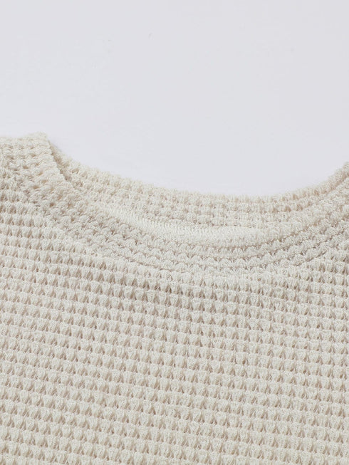 Beige Sunflower Mesh Bubble Sleeve Lace Detail Waffle Knit Top