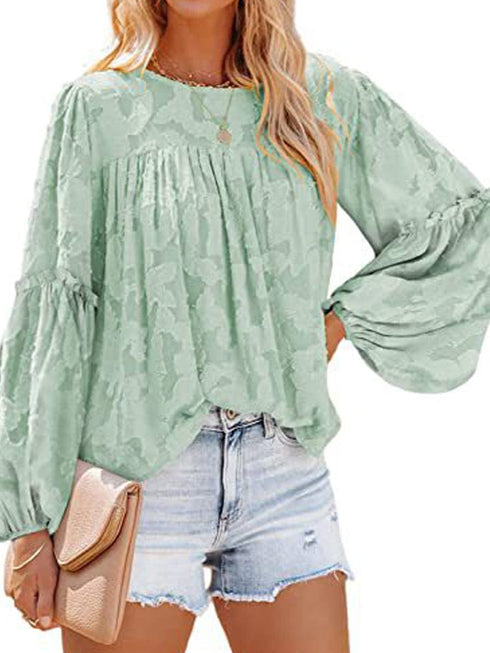 Bell Sleeve Crewneck Lace Floral Textured Babydoll Blouse