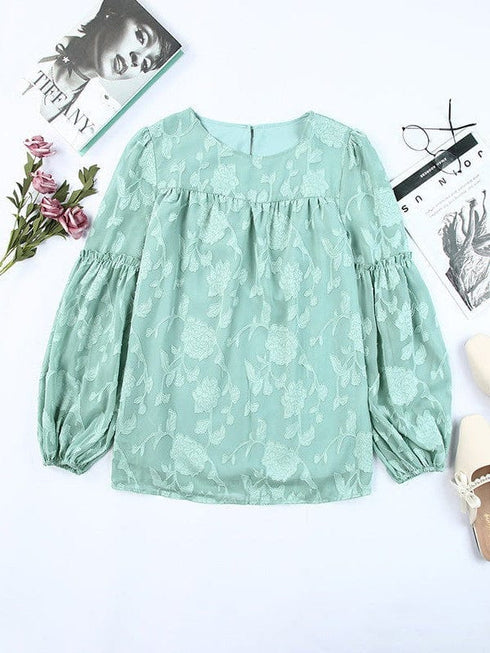 Bell Sleeve Crewneck Lace Floral Textured Babydoll Blouse