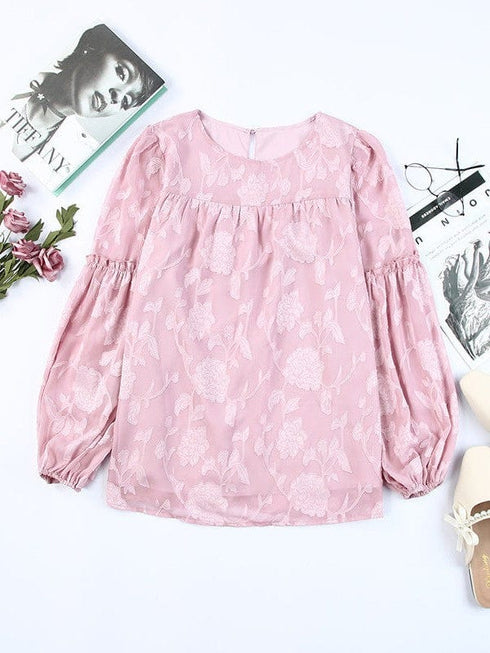 Bell Sleeve Crewneck Lace Floral Textured Babydoll Blouse