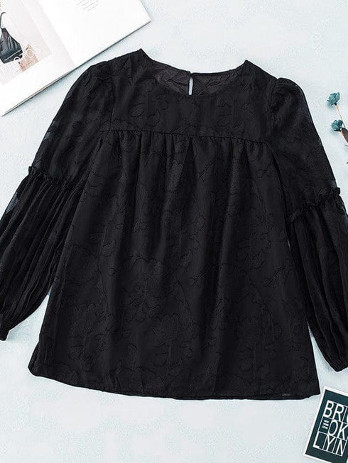 Bell Sleeve Crewneck Lace Floral Textured Babydoll Blouse