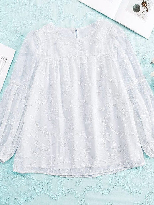 Bell Sleeve Crewneck Lace Floral Textured Babydoll Blouse