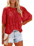 Bell Sleeve Crewneck Lace Floral Textured Babydoll Blouse