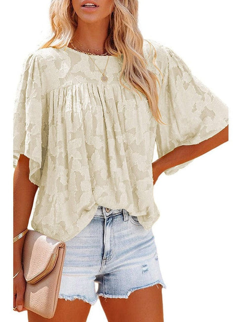 Bell Sleeve Crewneck Lace Floral Textured Babydoll Blouse