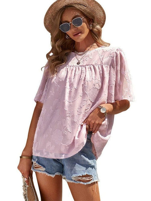 Bell Sleeve Crewneck Lace Floral Textured Babydoll Blouse