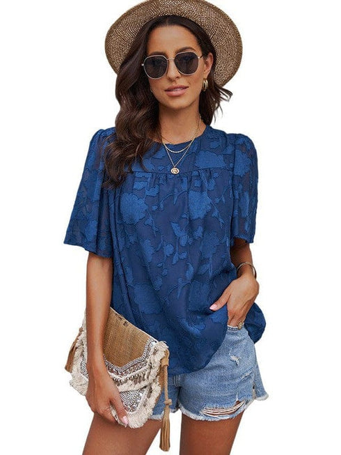 Bell Sleeve Crewneck Lace Floral Textured Babydoll Blouse