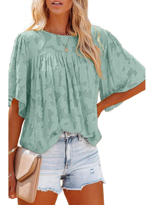 Bell Sleeve Crewneck Lace Floral Textured Babydoll Blouse