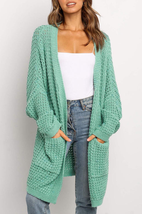 Green Long Line Open Front Knitted Cardigan with Pockets
