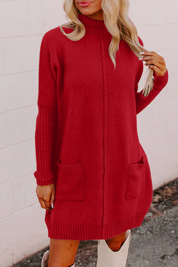 Fiery Red Ribbed High Neck Front Pockets Center Seam Shift Sweater Dress