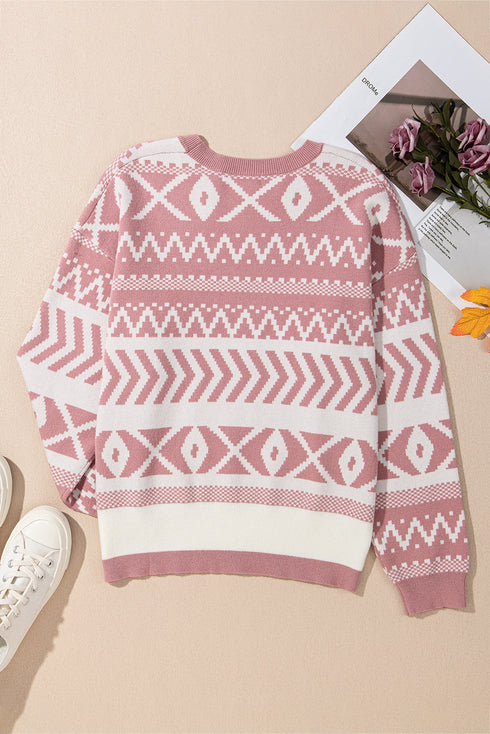 Fushia Abstract Print Pullover Sweater