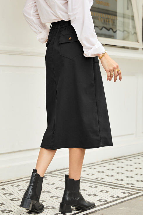 Black Front Slit Shift High Waist Midi Skirt