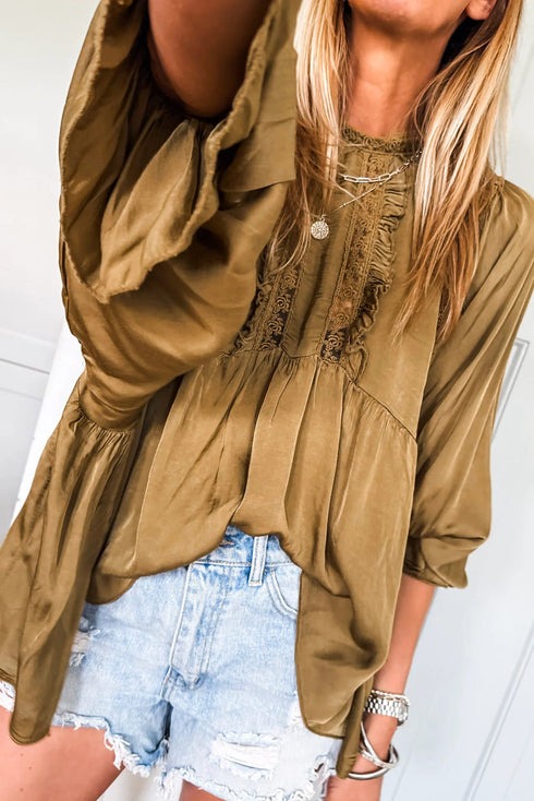 Jungle Green Silky Round Neck Lace Frilled Detail Long Sleeve Blouse