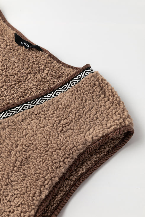 Dark Khaki Sherpa Contrast Trim Patch Pocket Cartridge Toggle Button Vest