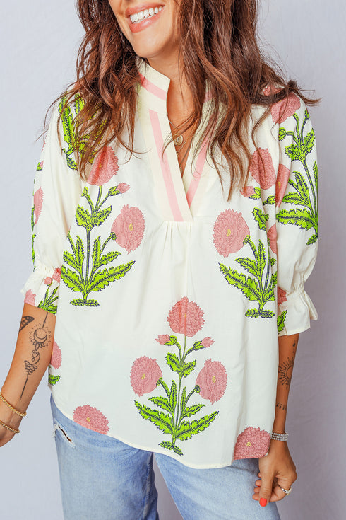 Casual Wild Flower Print V Neck 3/4 Sleeve Blouse