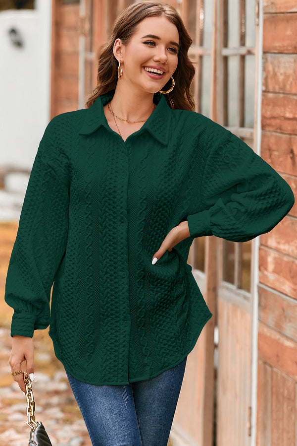 Blackish Green Cable Texture Puff Sleeve Loose Shacket