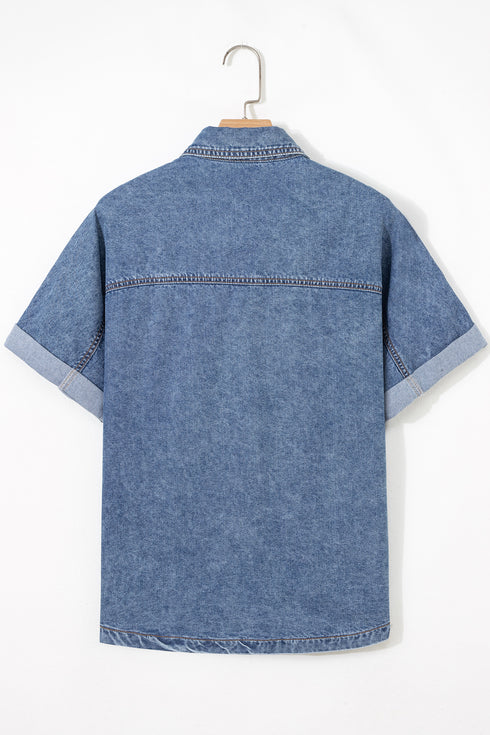 Ashleigh Blue Button Flap Pocket Cuffed Short Sleeve Denim Shirt