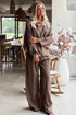 Dark Brown Braided V Neck Long Sleeve Loose Top and Drawstring High Waist Pants 2pcs Outfit
