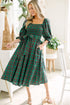 Green Tartan Plaid Square Neck Puff Sleeve Knot Waist Flared Midi Dress
