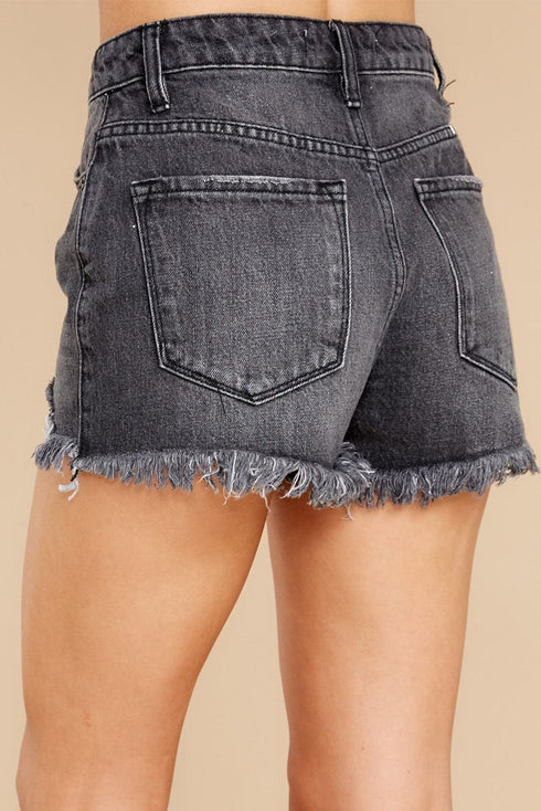 Black Blue Distressed Frayed Denim Shorts