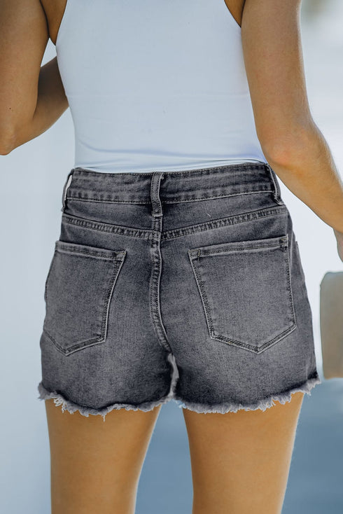 Black Blue Distressed Frayed Denim Shorts