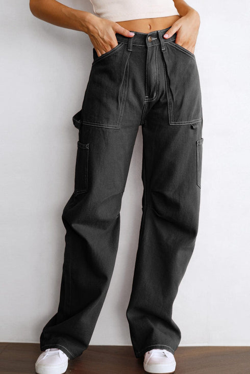 Black Denim Straight Leg Cargo Trousers with High Waist and Pockets