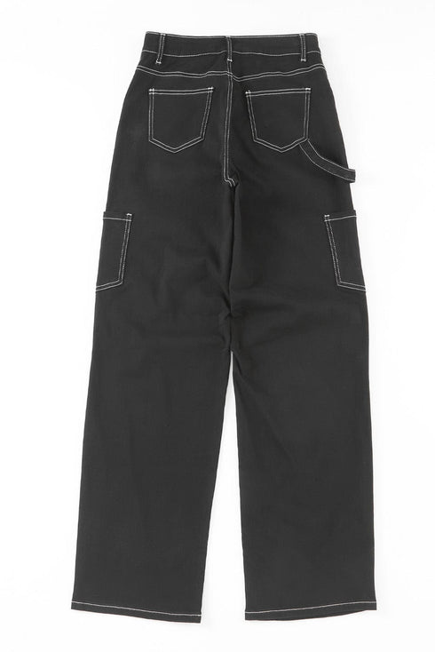 Black Denim Straight Leg Cargo Trousers with High Waist and Pockets